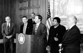 Assemblymember Hoyt joins Speaker Sheldon Silver and Assemblymembers Lentol, Aubry and Gordon at a press conference on Rockefeller Drug Law Reforms with General McCaffrey.