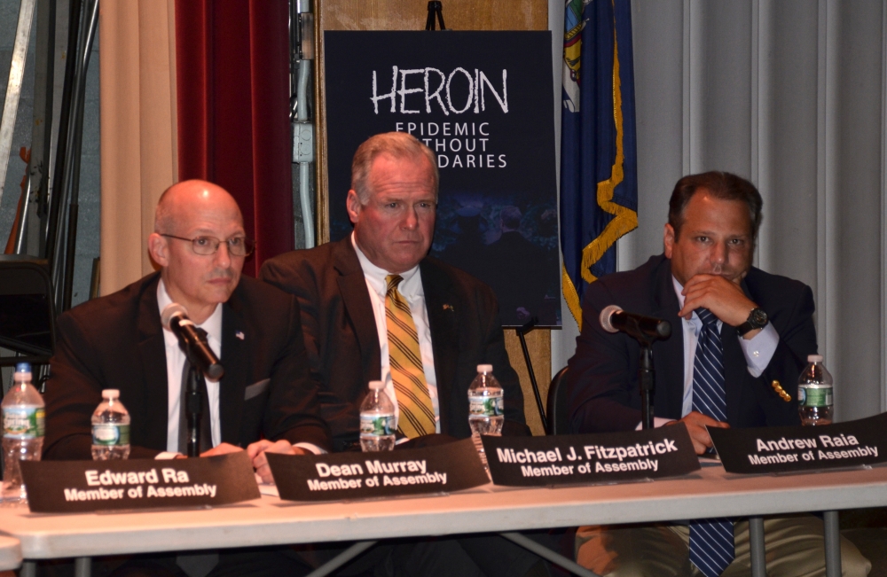 Assemblyman Michael Fitzpatrick (R,C,I-Smithtown) (center) with Assemblymen Dean Murray (R,C,I-Patchougue) (left) and Andrew Raia (R,I,C-Northport) (right) at the Long Island public meeting of the Ass