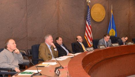 Assemblyman Michael Fitzpatrick (R,C,I-Smithtown), second from left, listens to testimony at a public meeting on high school diploma options in New York State. Also pictured, left to right, Suffolk Co