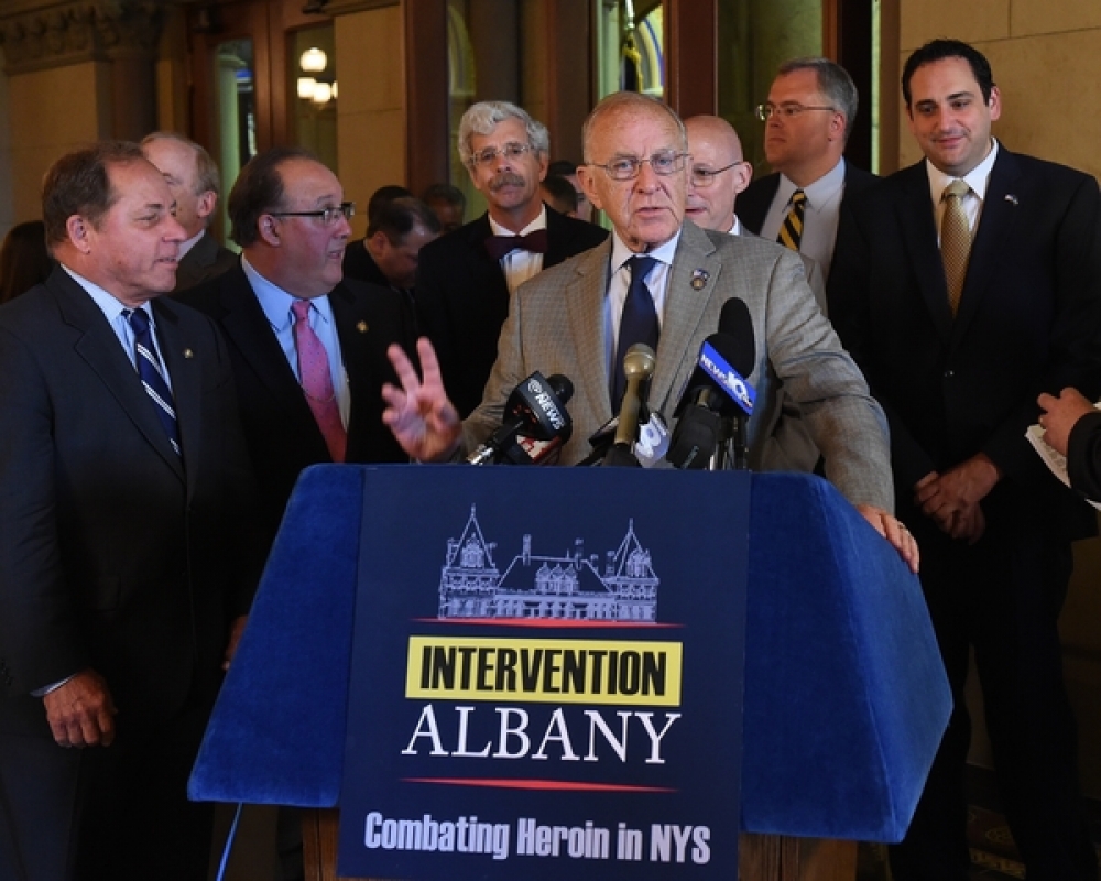 Assemblyman Dave McDonough (R,C,I-Merrick) [at podium] joined legislators and members of the public at a press conference in Albany Wednesday calling for legislation to address the heroin epidemic