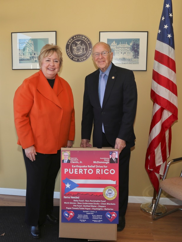 Assemblyman Dave McDonough (R,C,I-Merrick) is joined by Hempstead Town Clerk Kate Murray in his office Friday, Jan. 17 to kick off the Puerto Rico Relief Drive.