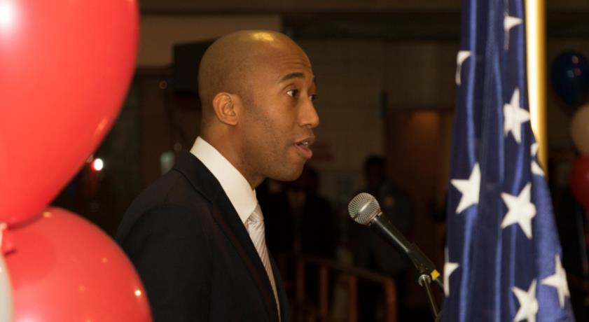 Clyde Vanel addresses a crown of almost 800 who attended his swearing-in ceremony at York College. Vanel will represent the 33rd District, which is located in Queens, in the New York State Assembly.