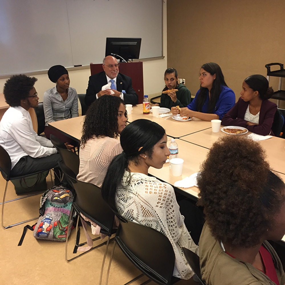 Assemblyman Michael Benedetto meets with students of Mercy College to discuss college accessibility, college courses, financial aid and student assistance as well as the importance of furthering educa