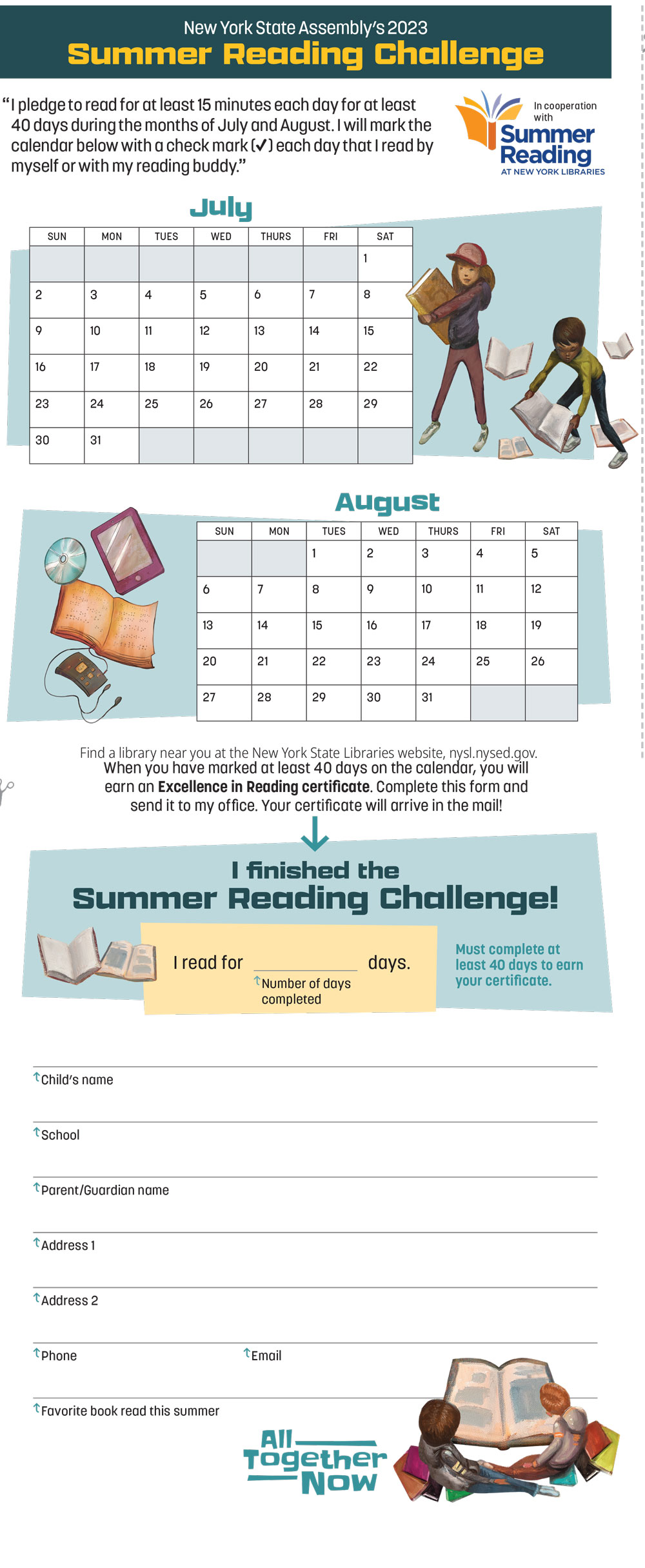 NYS Assembly's 2023 Summer Reading Challenge Calendar