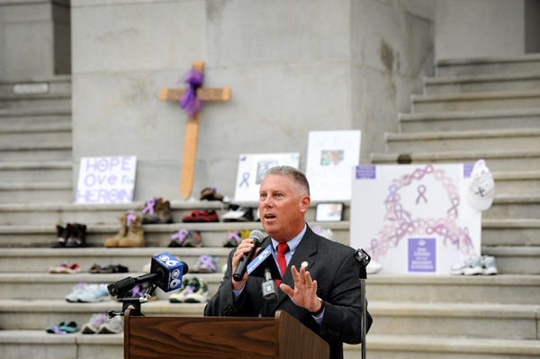 Assemblymember McDonald speaking at a press conference to raise awareness about the heroin opioid crisis.