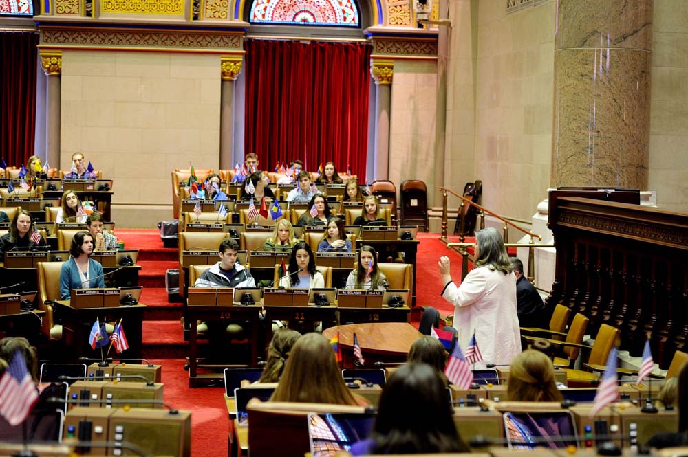 Assemblywoman Woerner welcomes Ballston Spa High School students to the New York State Assembly Chamber.