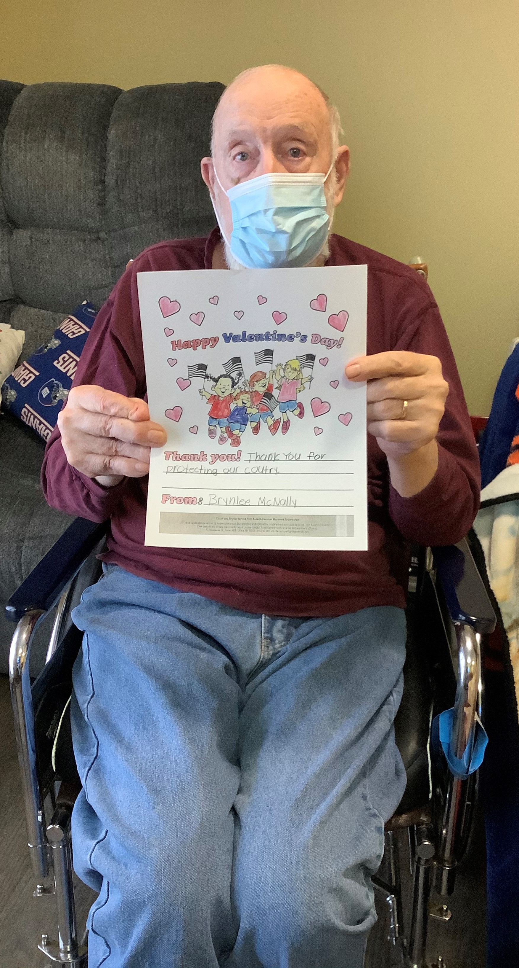 A Veteran admiring his Valentine’s Day Card thanks to Assemblywoman Buttenschon's Valentines for Vets.