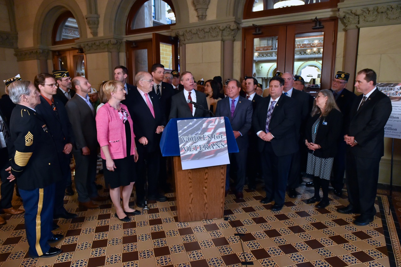 Assemblyman Christopher S. Friend (R,C,I-Big Flats) (second to left) joined veterans and Assembly Minority colleagues in calling for the restoration of $6 million in funding for veterans programs. Ass