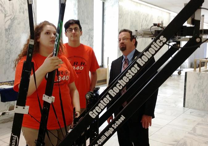 Assemblymember Harry Bronson was pleased to have members of FIRST Greater Rochester Robotics Team 340 in Albany to host his first Robotics Fair. There was boundless talent on display by high school st