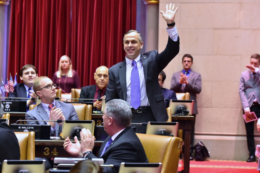 Assemblyman Robert Smullen (R,C,Ref.-Meco) greets his new colleagues