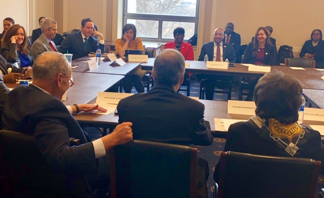 Pictured with Speaker Heastie are members of the New York Congressional delegation, along with Assembly Majority Leader Crystal Peoples-Stokes and State-Federal Relations Chair Nily Rozic.