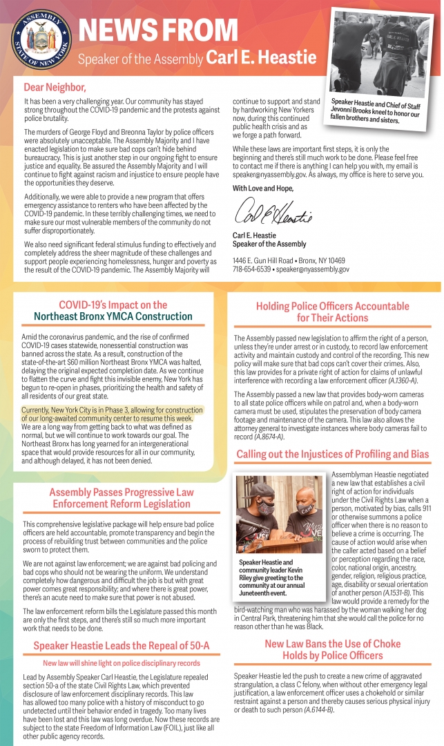 News from Speaker of the Assembly Carl E. Heastie
