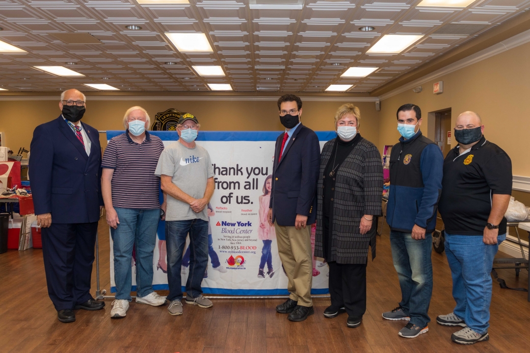 Assemblyman John Mikulin (R,C,I-Bethpage) was joined by (from left to right) Councilman Dennis Dunne, Sr.; Bob Koenig, blood donor; George Gibson, blood donor; Mikulin; Town Clerk Kate Murray; Legislator John Ferretti and Third Deputy Chief Matt Angellett